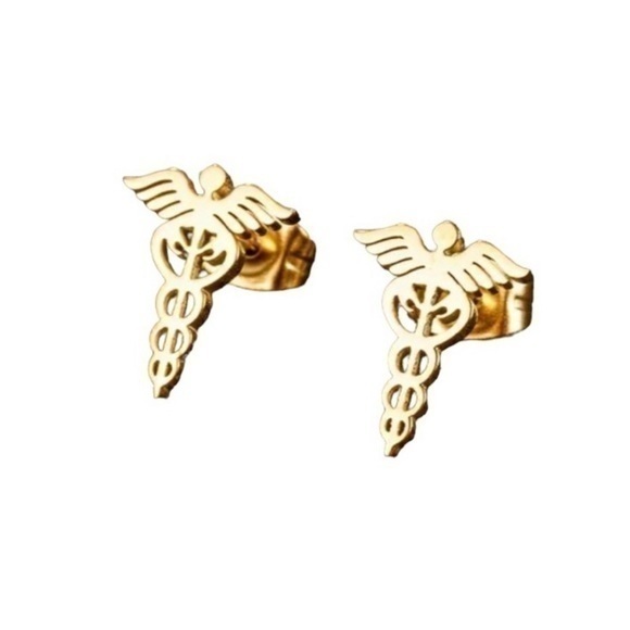Medical Symbol “Caduceus” Stainless Steel Earrings - Gold Tone